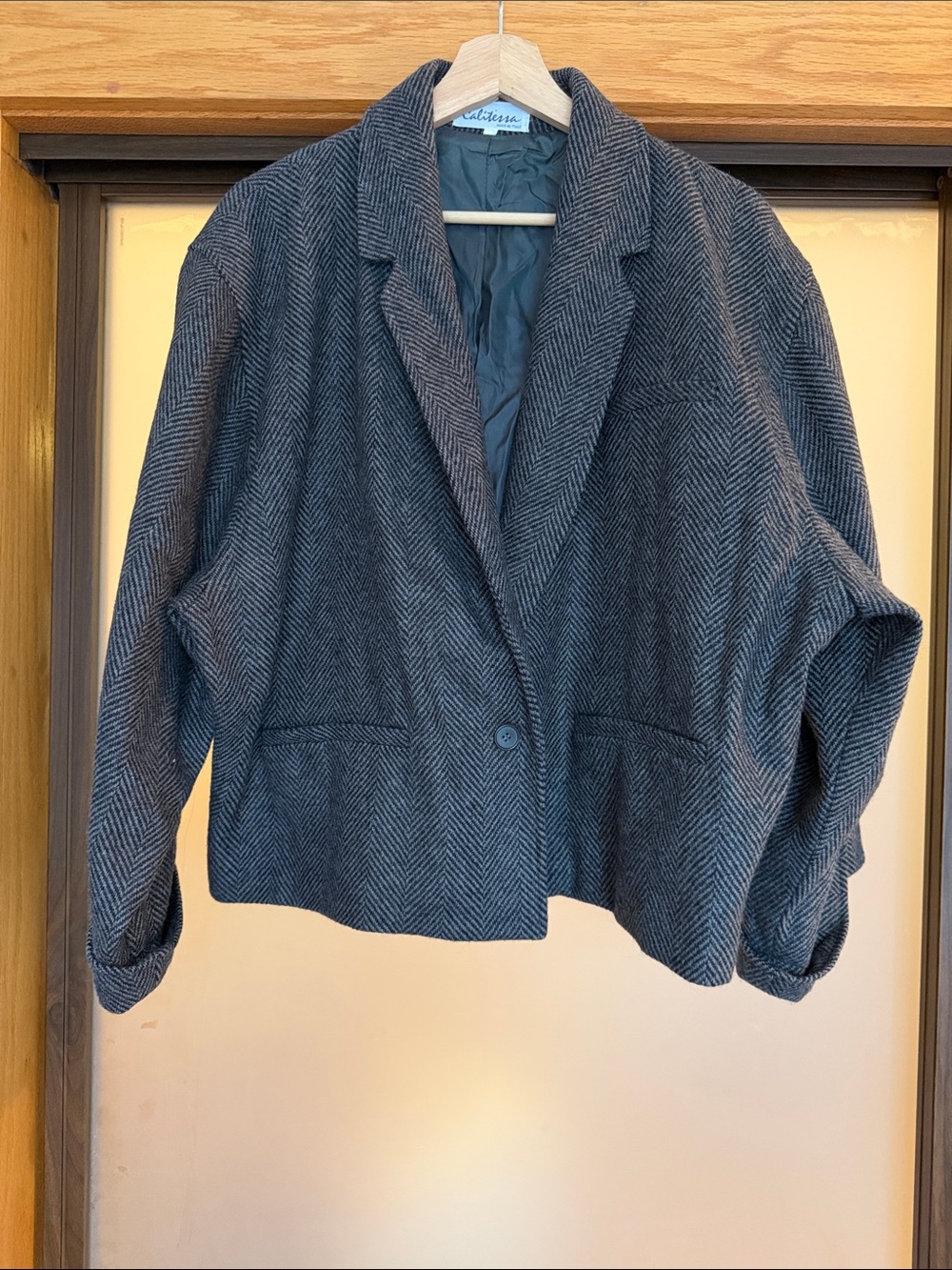 Oversized Boxy Herringbone Single-Button Blazer Jacket